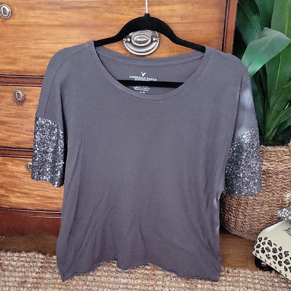 American Eagle Sequin Sleeve Short-Sleeve Tee | Size Large